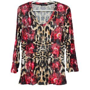 David Cline Floral Leopard Animal Print Top Brown & Red Women's Size L Preppy
